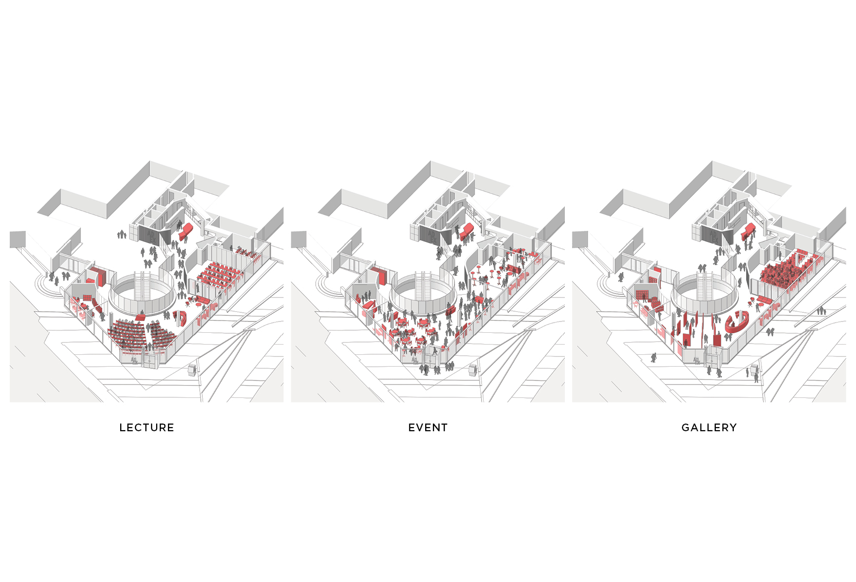 Retractable walls & partitions, transform, combine and open up rooms creating multiple meeting/lecture/event scenarios. Exhibit panels suspended from an overhead track system allows the gallery to be used as one big open event space, in addition to providing unlimited gallery/exhibition configurations.