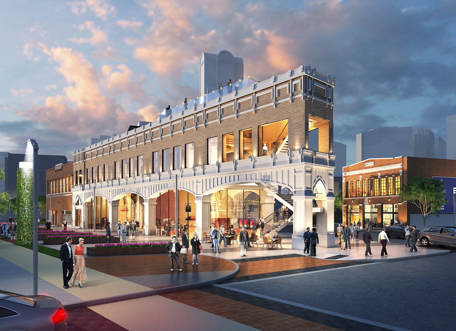 The revitalization of this historic building goes beyond the core and shell. The site enhances the pedestrian experience with green space and re-routing Jackson Street to create a public plaza.