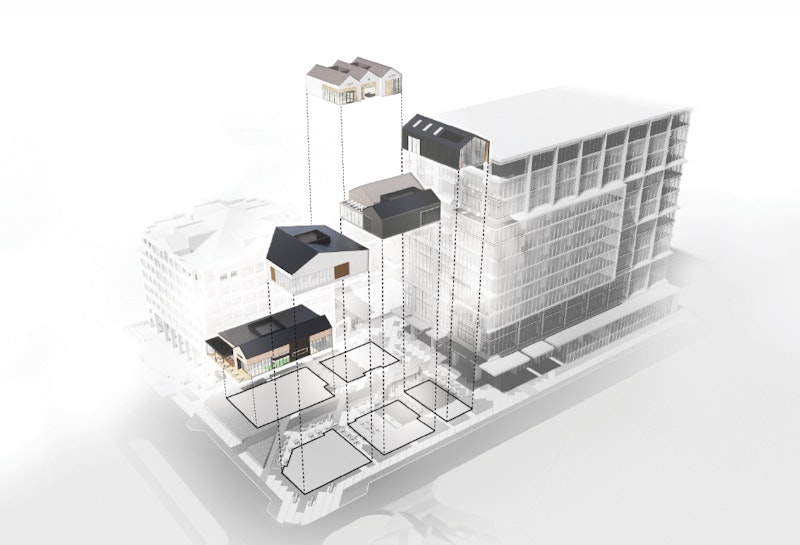 The buildings have individual identities through the use of materials and forms while the pitched metal roofs create a connected and cohesive design language.
