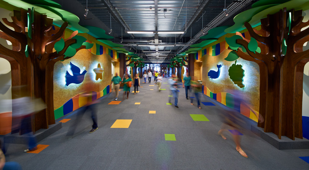 On the 1st floor, 15 rooms comprise an infant nursery, and with movable room partitions to allow varying sizes, there’s up to 60 classroom spaces for the children’s ministry. On the 2nd floor is an adaptable multi-purpose space available for other worship events and planned social functions.  